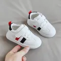 Toddler soft sole leather white sneakers with red and black stripes and velcro straps - Inner Length 13.5cm / Size 18 / Black Red