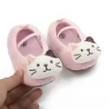 Detail of pink fuzzy baby pre-walker shoes with cute cartoon cat face decoration - 11cm / Pink Cat