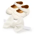 Detail view of cream PU leather baby shoes with matching white bow headband set - Headband Set / 11cm / White