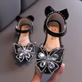 Elegant black princess sandals for girls with rhinestone butterfly and soft sole for summer - 21 / Black