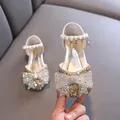 Champagne gold girls princess shoes with rhinestones, pearls and a large bow detail - 34 / Gold