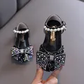 Elegant black girl's Mary Jane princess shoes with rhinestone bow and pearl strap - 34 / Black