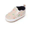 Close-up of beige baby slip-on shoe featuring colorful dinosaur print patterns - Inner Length 12cm / Khaki