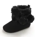 Cute black baby princess boots with fuzzy fur pom-poms for 0-1 year old girls - Inner Length 11cm / Black