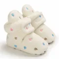 Close-up of warm white fleece baby booties with colorful heart embroidery, soft sole - 11cm / Multicolor White (B258)