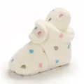 Soft plush baby winter bootie with colorful embroidered hearts for 0-1 year olds. - Inner Length 11cm / Heart Embroidery Style / Iridescent White