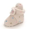 Close-up detail of cozy cream fleece baby winter boot featuring heart embroidery - Inner Length 11cm / Heart Embroidery Style / Multicolor Gray
