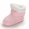 Roze katoenen baby sneeuwlaarzen met zachte zool en witte voering van imitatiebont - Roze