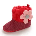 Red baby winter boots with fleece lining and soft sole featuring a pink flower detail - Red