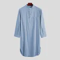 Men's light blue long-sleeved kaftan robe with mandarin collar and button detail - M / Robe / Blue