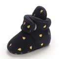 Close-up of navy blue baby fleece bootie featuring elegant golden heart embroidery - Inner Length 11cm / Star Embroidery Style / Blue