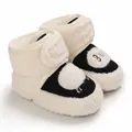 Close-up of soft fleece baby winter boots featuring a cute cartoon sheep face - 11cm (Inner Length) / Black