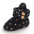 Detail view of navy blue baby snow boots with gold star pattern and warm fleece lining - Navy Blue