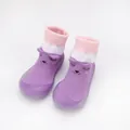 Close-up of purple baby knit walker shoes with cute cartoon cat face and soft rubber sole. - Purple Kitten