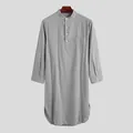Grey casual long-sleeved men's buttoned robe shirt featuring a stand collar and pocket - M / Robe / Gray