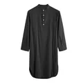 Front view of a dark grey men's long-sleeve robe with mandarin collar and chest pocket - M / Robe / Black