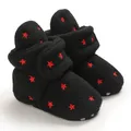 Close-up detail of warm black fleece baby boots with red embroidered stars pattern - 11cm / Black (B258)