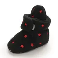 Close-up of black fleece-lined baby winter boots with red embroidered star patterns - Inner Length 11cm / Star Embroidery Style / Black