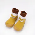 Yellow baby indoor sock shoes with a cute fox face and soft breathable rubber soles - Internal Length 11.5cm / Ginger Fox