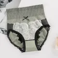 High-waisted sage green seamless tummy control panties with white lace and bow - M / Green