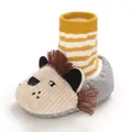 Adorable cartoon lion baby booties with soft soles and yellow striped knit ankle part - Inner Length 11cm / 58g / Gray Lion