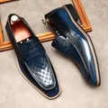 Luxury blue gradient patent leather loafers for men with square toe and checkered embossing - One Size Larger / Navy Blue