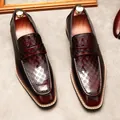 Elegant burgundy square toe patent leather loafers with embossed checkered pattern detail - One Size Larger / Burgundy