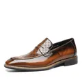 Men's brown square toe formal leather loafers with embossed checkered pattern - One Size Larger / Brown
