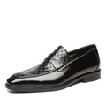 Sleek black patent leather loafers for men featuring a textured checkered pattern and square toe - 37 / Black