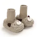 Warm cartoon bear baby booties in khaki sherpa material with elastic knit cuffs for infants - Grey Bear