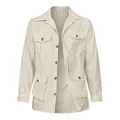 Dettaglio frontale di una giacca casual a righe beige e bianche da uomo con tasche - Taglia S / Top / Kaki