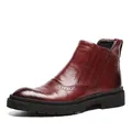 Premium burgundy leather Chelsea boots for men with brogue detailing and thick sole - 44 / Burgundy