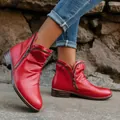 Retro red ankle boots for women featuring a side zipper and stylish pleated leather detail - Red