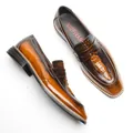 Vintage brown leather loafers for men with square toe and crocodile embossed pattern. - 37 / Tan Dragon Totem