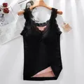 Elegant black thermal tank top featuring lace trim and thick warm fleece lining for winter - One Size / Tops / Black