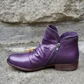 Botines retro de cuero morado para mujer con cremallera lateral y diseño de punta redonda - 36 / Púrpura