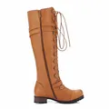 Elegante hellbraune kniehohe Stiefel mit dekorativen Schnallenriemen und Schnürdesign - Gelbbraun