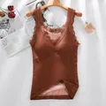 Elegant brick red thermal camisole with lace trim and soft warm plush fleece lining - One Size / Tops / Khaki