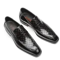 Elegant men's black patent leather loafers featuring an embossed square toe design - Black Checkered