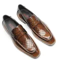 Elegant vintage brown leather loafers with embossed pattern and square toe for men - Tan Yellow Grid Pattern