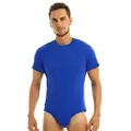 Front view of royal blue men's short sleeve round neck bodysuit onesie in tight fit. - M / Set / Blue