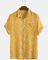 Casual geel shirt met korte mouwen en witte madeliefjes bloemenprint voor heren - Bruin