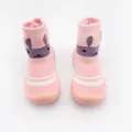 Close-up of pink baby sock shoes featuring a purple rabbit face and soft rubber sole - Size 18/19 / Inner Length 11.5cm / Pink Rabbit