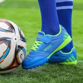 Breathable mesh blue and lime green kids' turf soccer shoes with velcro strap and TF studs - 35 / Sapphire Blue