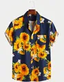 Camicia da uomo a maniche corte blu navy con vivace stampa digitale di girasoli - Taglia S / Top / Blu Marino