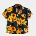 Camicia estiva da uomo a maniche corte con stampa girasole gialla e colletto a rever - Taglia S / Top / Nero