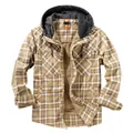 Men's heavy plaid hooded jacket featuring warm fleece lining and grey knit hood design - S / Tops / Khaki