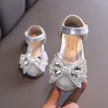 Sparkling silver girls' Mary Janes with a large rhinestone bow for princess dance performances - 21 / Silver