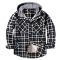 Men's plaid long-sleeve hooded jacket with warm sherpa lining and grey knit hood - S / Tops / Gray