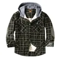 Men's green plaid hooded shirt jacket with warm fleece lining and elbow patches - S / Tops / Green